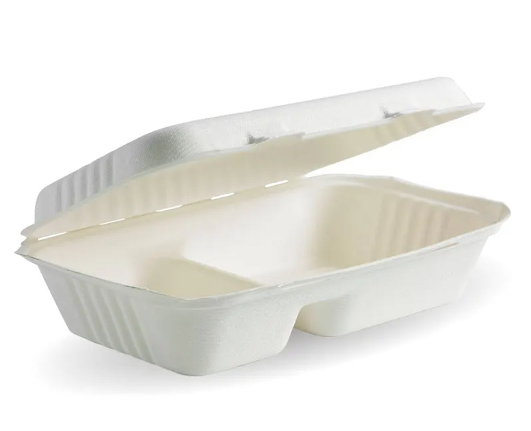 Biocane 9 x 6” 2 Compartment Meal Box Clamshell