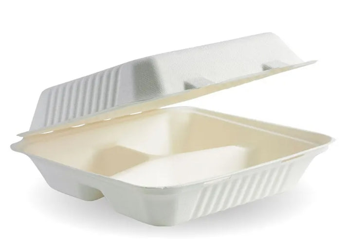 Biocane 9 x 9 x 3” 3 Compartment Clamshell – Central Food Packaging